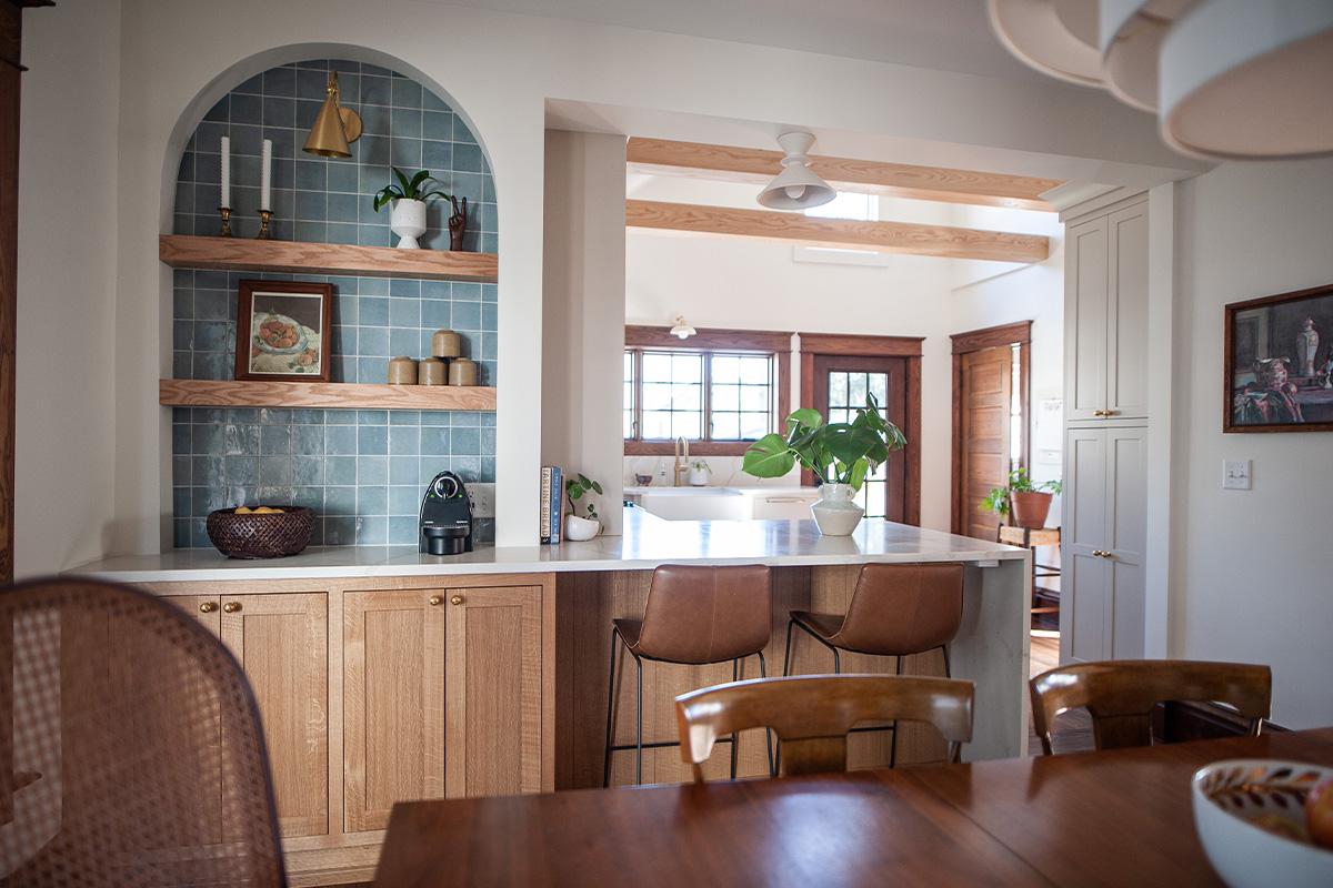 Small painted kitchen with stained accent cabinets