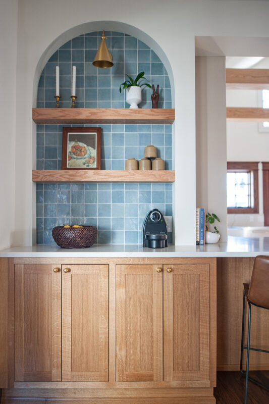 Small painted kitchen with stained accent cabinets