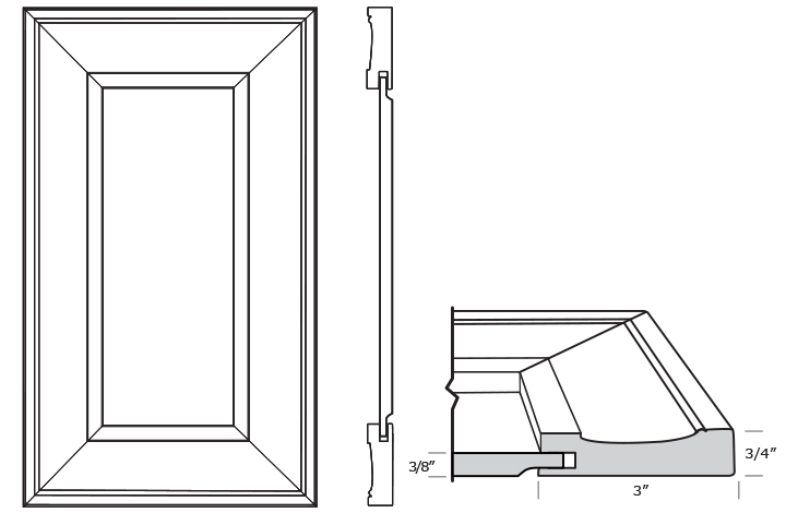 Line drawing of the Quinn door style with dimensions