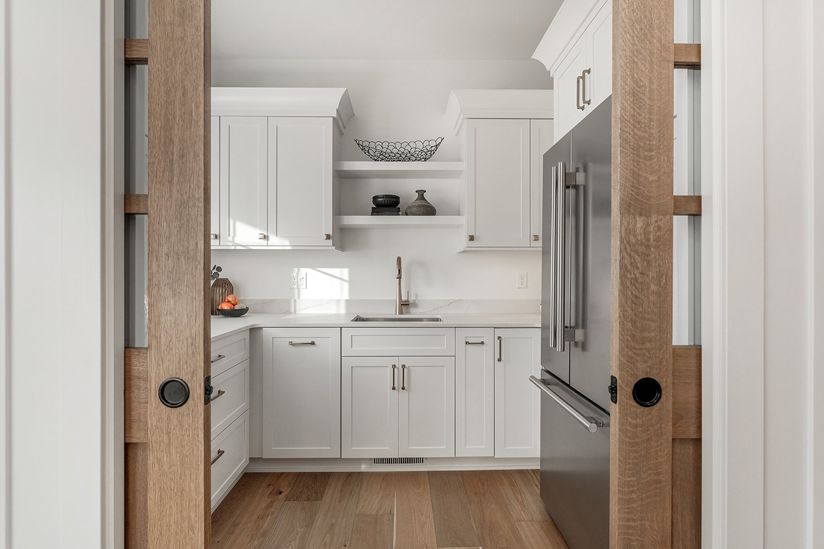 White painted kitchen cabinets with open shelves