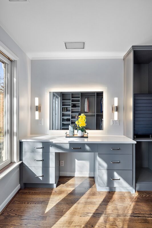 Painted vanity in a walk-in closet