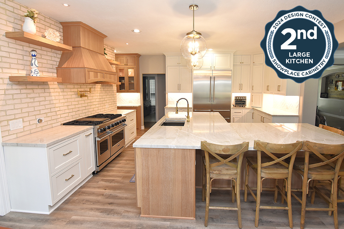 Full kitchen view of a painted perimeter and stained island