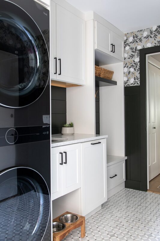 White painted laundry room cabinets