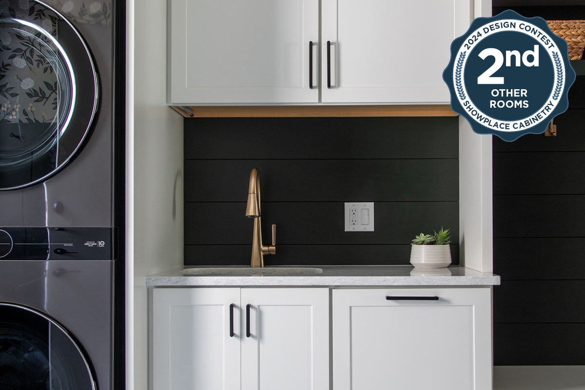 White painted laundry room cabinets