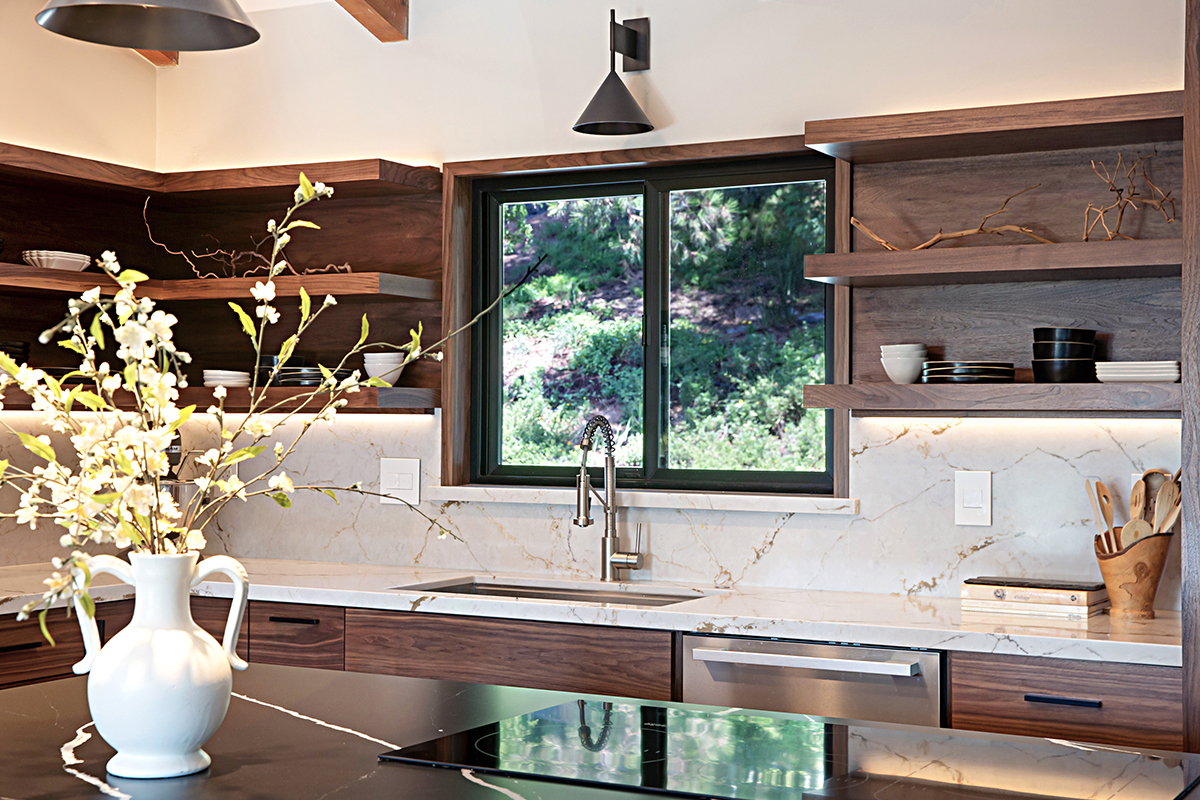 Walnut natural contemporary kitchen with vaulted ceiling and wood beams