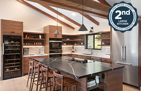 Walnut natural contemporary kitchen with vaulted ceiling and wood beams