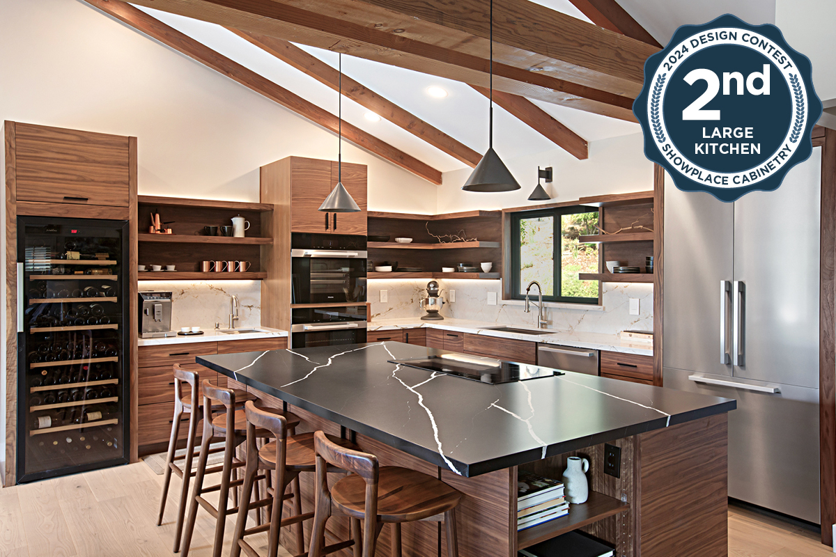 Walnut natural contemporary kitchen with vaulted ceiling and wood beams