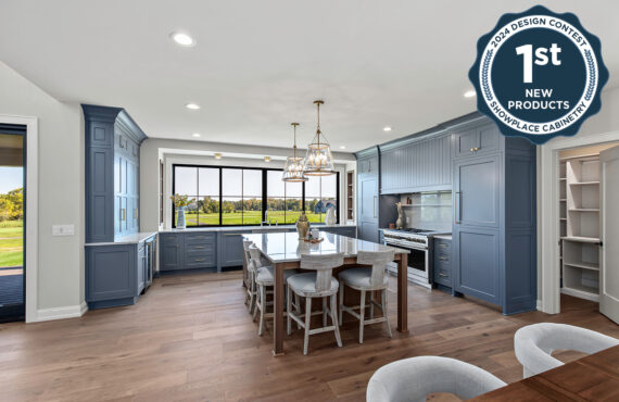 Kitchen with painted perimeter cabinets and stained island cabinets