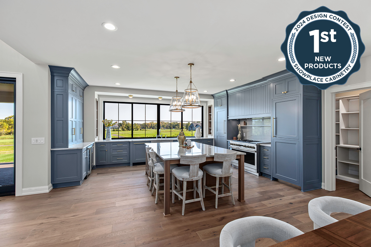 Kitchen with painted perimeter cabinets and stained island cabinets