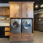 Painted and stained laundry room cabinet display