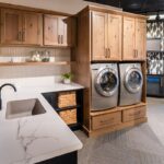 Painted and stained laundry room cabinet display