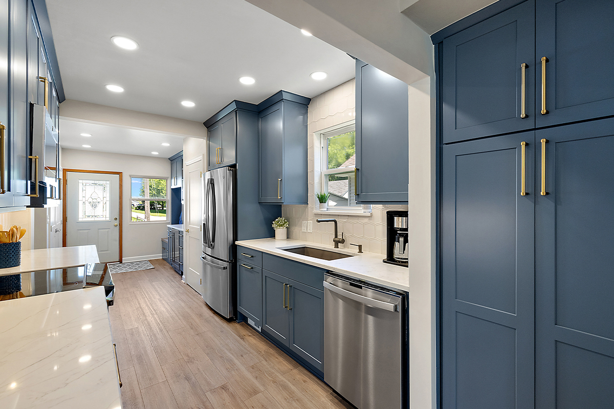 Painted blue kitchen cabinets