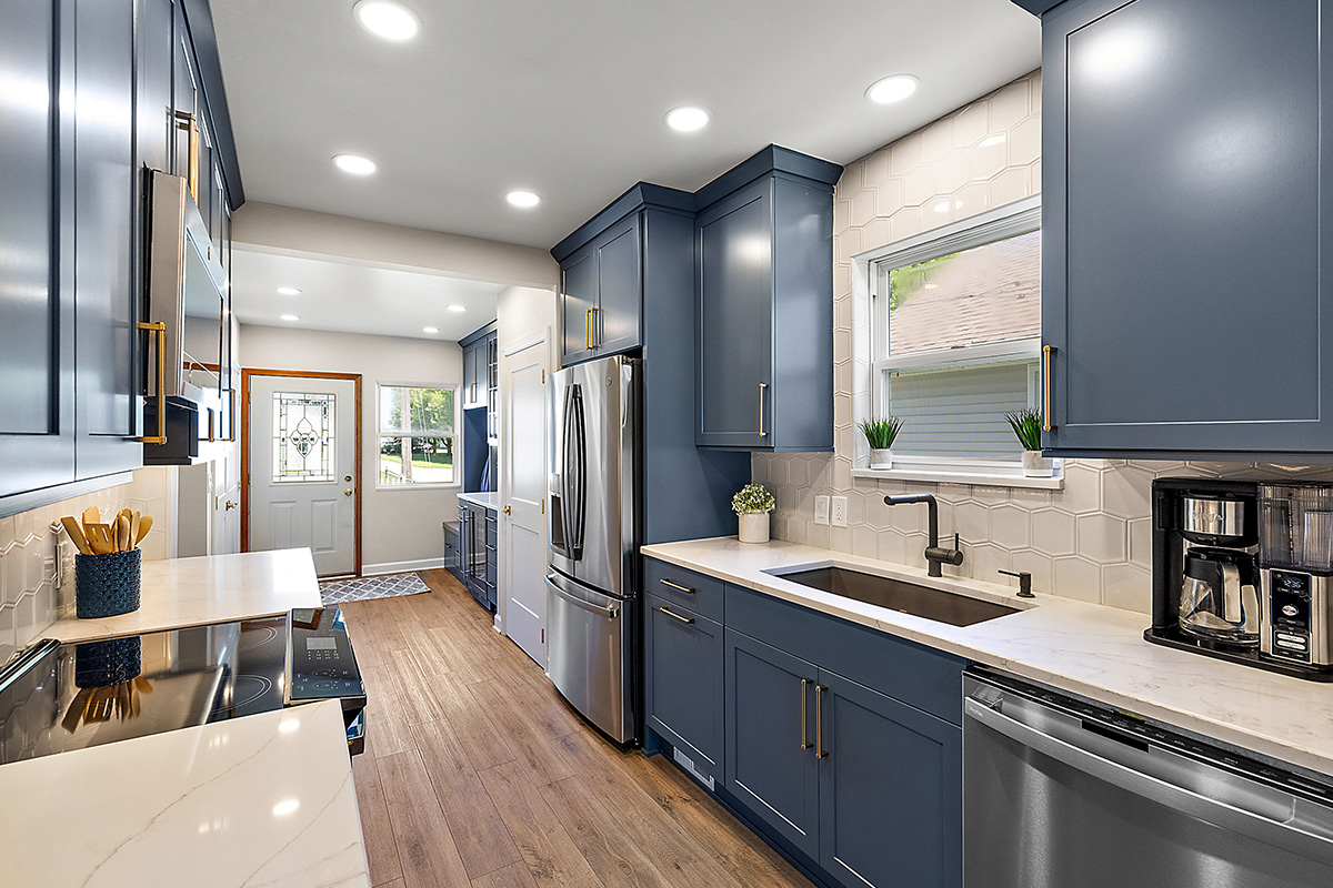 Painted blue kitchen cabinets