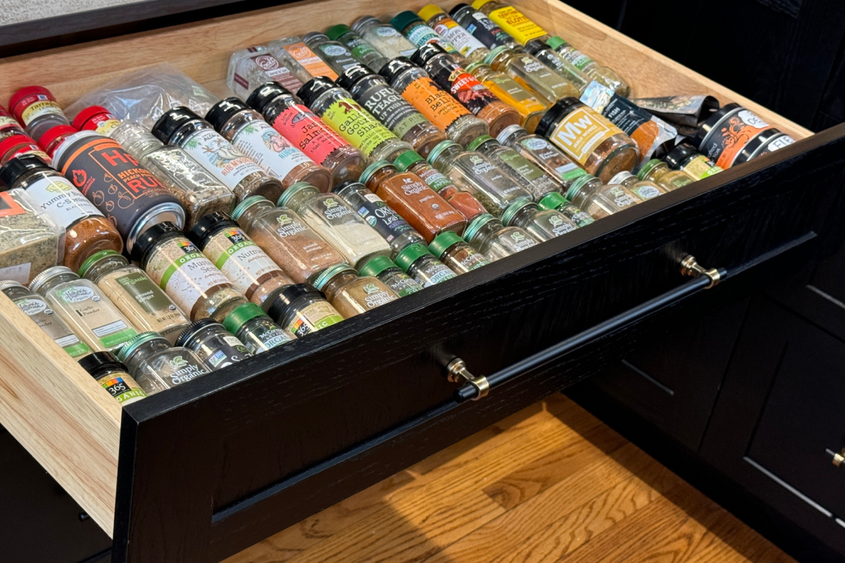 Spice drawer rack full of spices