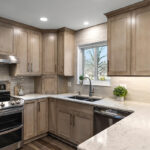 Kitchen cabinets stained in light Montana stain on maple. View includes a stove and dishwasher.