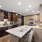 Kitchen cabinets stained in light Montana and rich Espresso stains on maple.