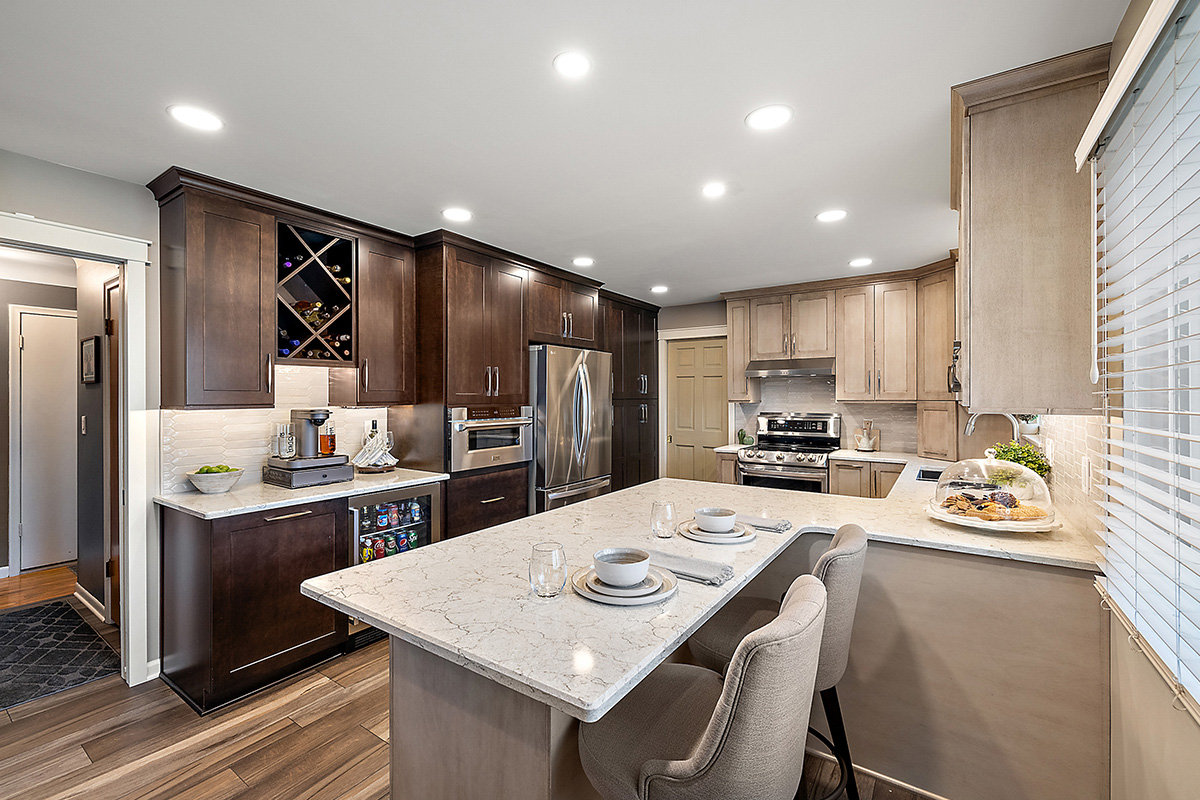 Kitchen cabinets stained in light Montana and rich Espresso stains on maple.