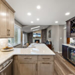 Kitchen cabinets stained in light Montana and rich Espress stains on maple.