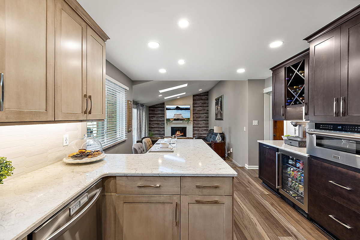 Kitchen cabinets stained in light Montana and rich Espress stains on maple.