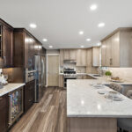 Kitchen cabinets stained in light Montana and rich Espress stains on maple.