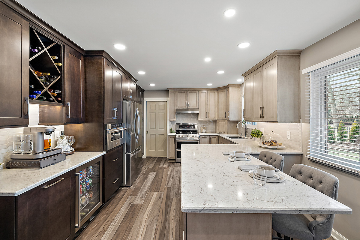 Kitchen cabinets stained in light Montana and rich Espress stains on maple.