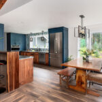 Painted blue and walnut Natural kitchen cabinets