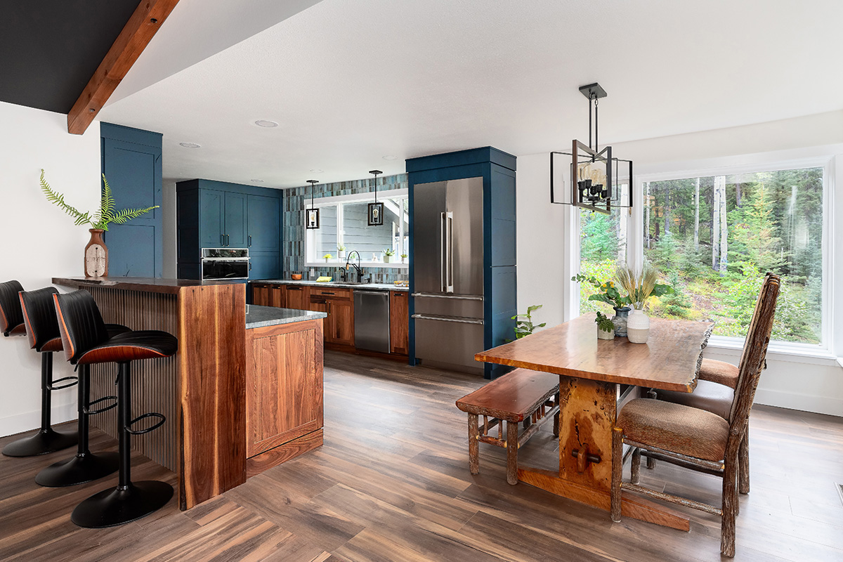 Painted blue and walnut Natural kitchen cabinets