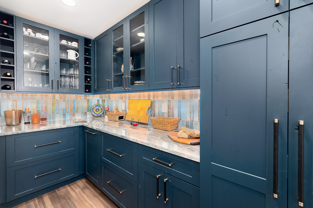 Painted blue and walnut Natural kitchen cabinets