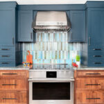 Painted blue and walnut Natural kitchen cabinets