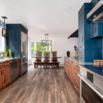 Painted blue and walnut Natural kitchen cabinets