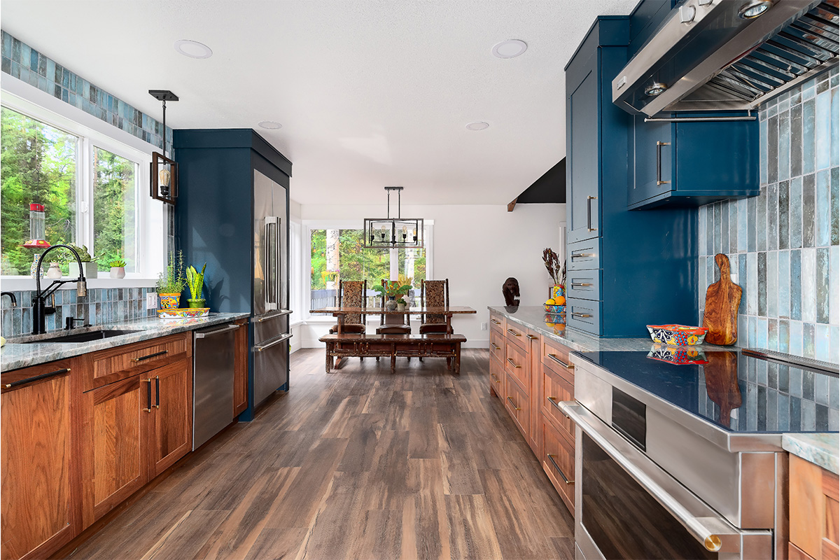 Painted blue and walnut Natural kitchen cabinets