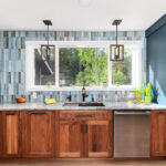 Painted blue and walnut Natural kitchen cabinets