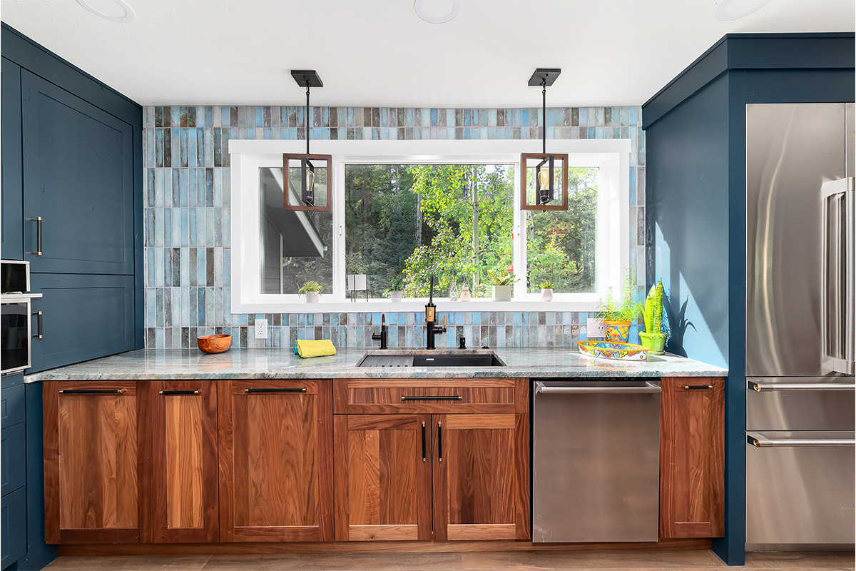 Painted blue and walnut Natural kitchen cabinets