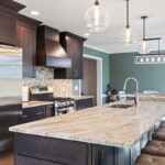 Dark stained kitchen cabinets in a galley kitchen space