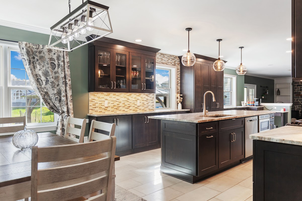 Dark stained kitchen cabinets in a galley kitchen space