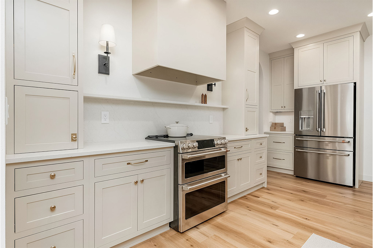 White painted kitchen cabinets.
