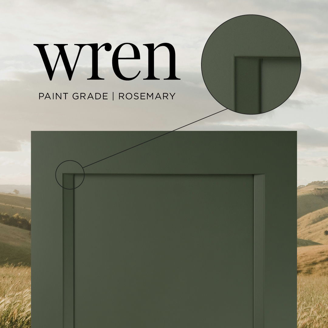 Wren door in Rosemary paint with cutout showing the special "step" vertical profile edge.