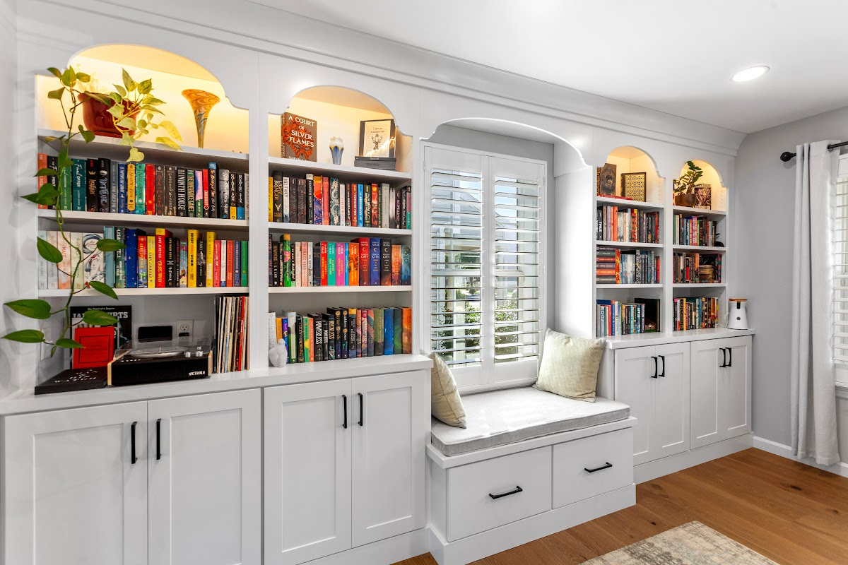 Reading nook with bench seat and bookcases on each side.