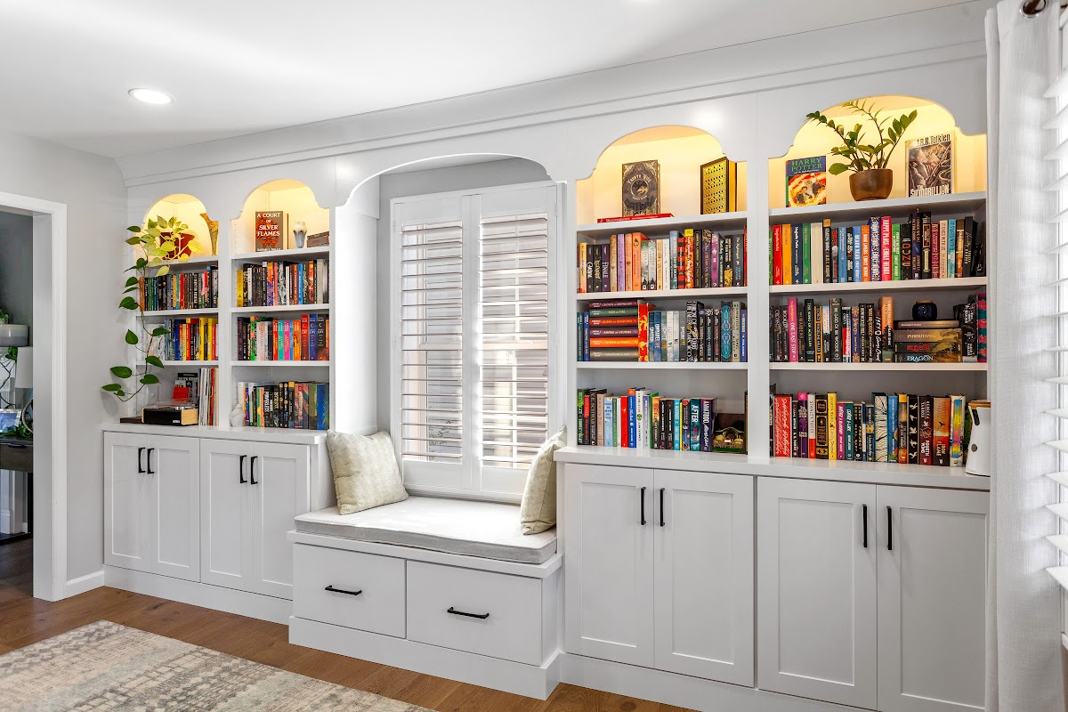 Reading nook with bench seat and bookcases on each side.