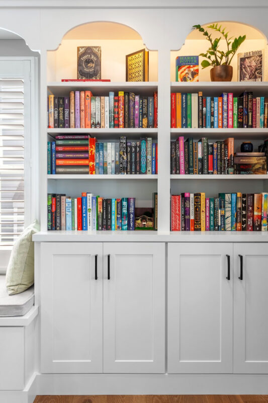 Reading nook with bench seat and bookcases on each side.