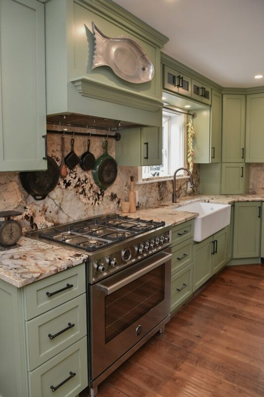 Painted kitchen cabinets in a mint green color.