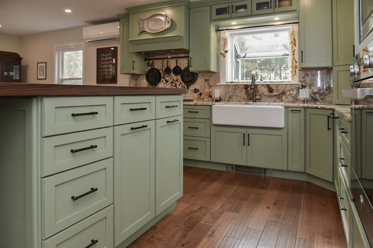 Painted kitchen cabinets in a mint green color.