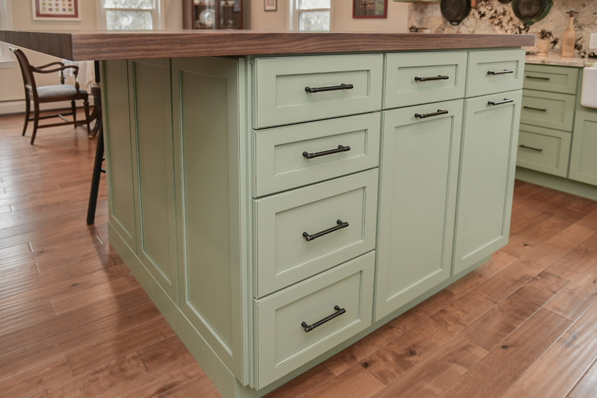 Painted kitchen cabinets in a mint green color.