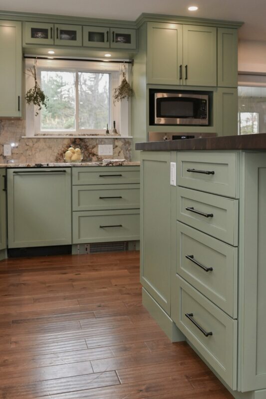 Painted kitchen cabinets in a mint green color.