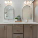 Stained double sink bathroom vanity
