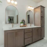 Stained double sink bathroom vanity