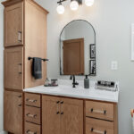 Stained single sink bathroom vanity