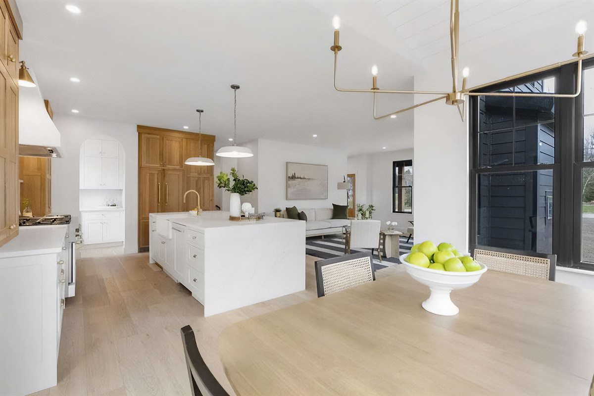 White painted kitchen cabinets with natural wood accent cabinets