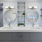 Contemporary gray painted floating vanity.