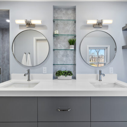 Contemporary gray painted floating vanity.
